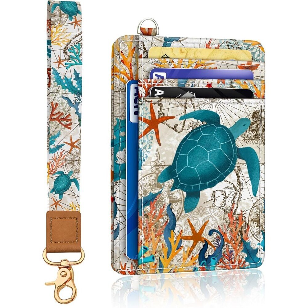 Sea Turtle Credit Card Holder Slim Wallet, RFID Wallet Women Front Pocket Wristl